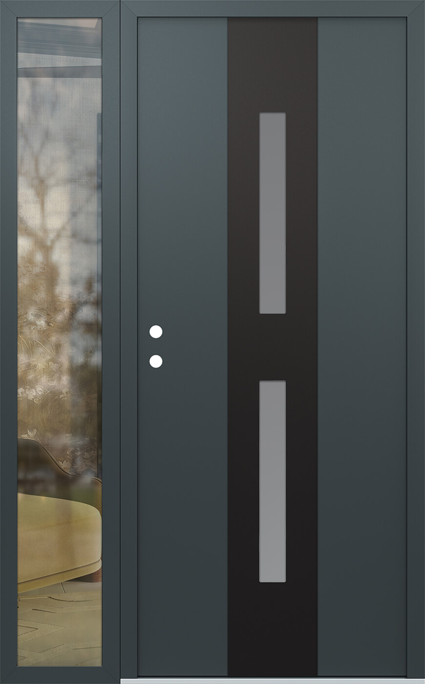 Modern Steel Front Door DIAMOND A6 50" X 80" ANTHRACITE/ANTHRACITE FROSTED GLASS PANEL BLACK RHI WITH SIDELITE CLEAR GLASS