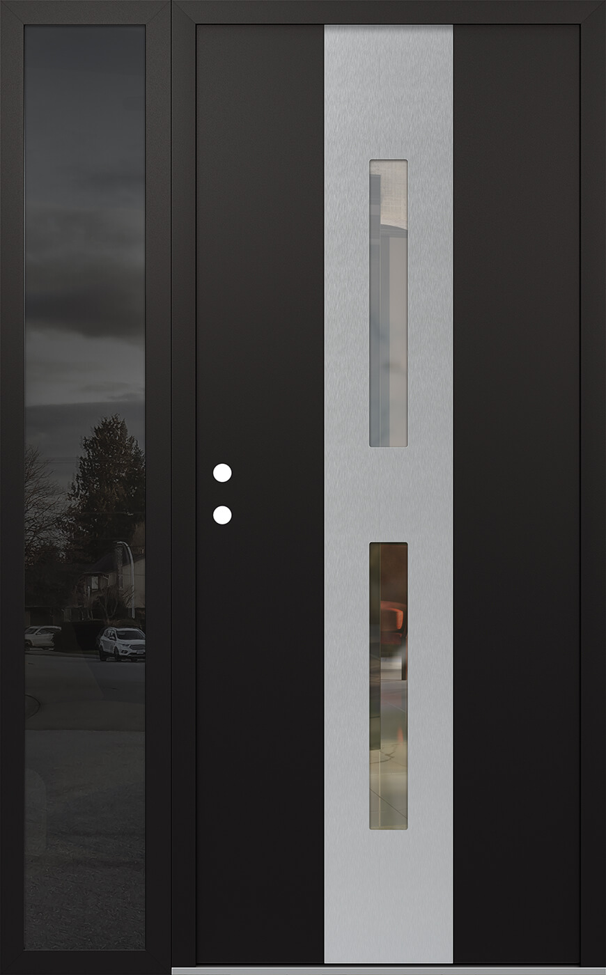 Modern Steel Front Door DIAMOND A6 50" X 80" BLACK/BLACK CLEAR GLASS PANEL STAINLESS STEEL RHI WITH SIDELITE MIRRORED GLASS