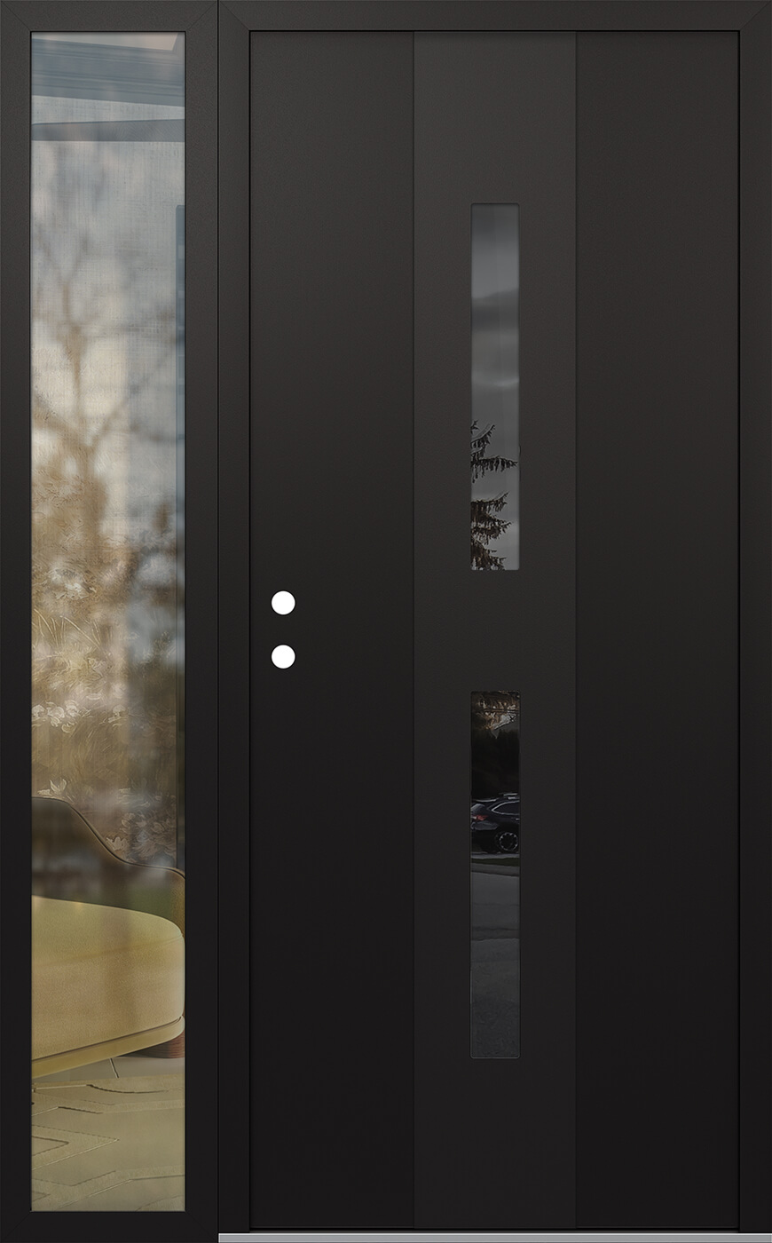 Modern Steel Front Door DIAMOND A6 50" X 80" BLACK/BLACK MIRRORED GLASS PANEL BLACK RHI WITH SIDELITE CLEAR GLASS