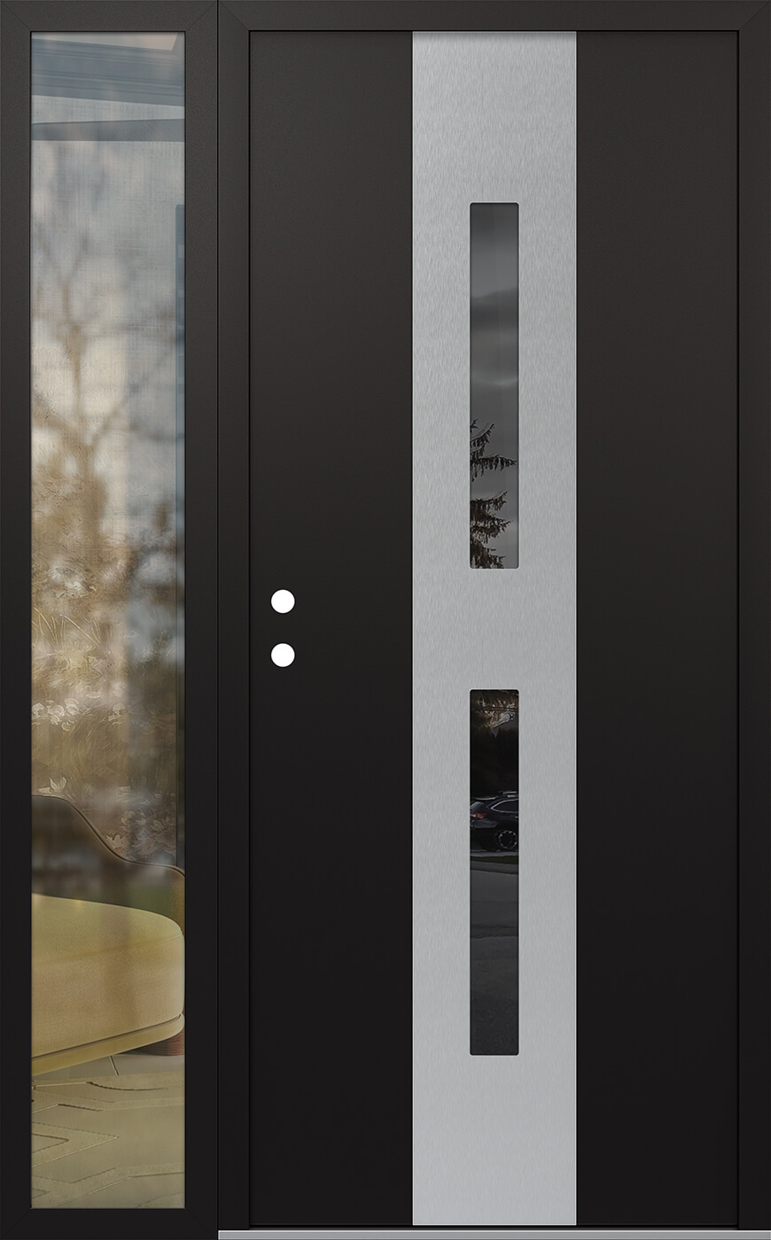 Modern Steel Front Door DIAMOND A6 50" X 80" BLACK/BLACK MIRRORED GLASS PANEL STAINLESS STEEL RHI WITH SIDELITE CLEAR GLASS
