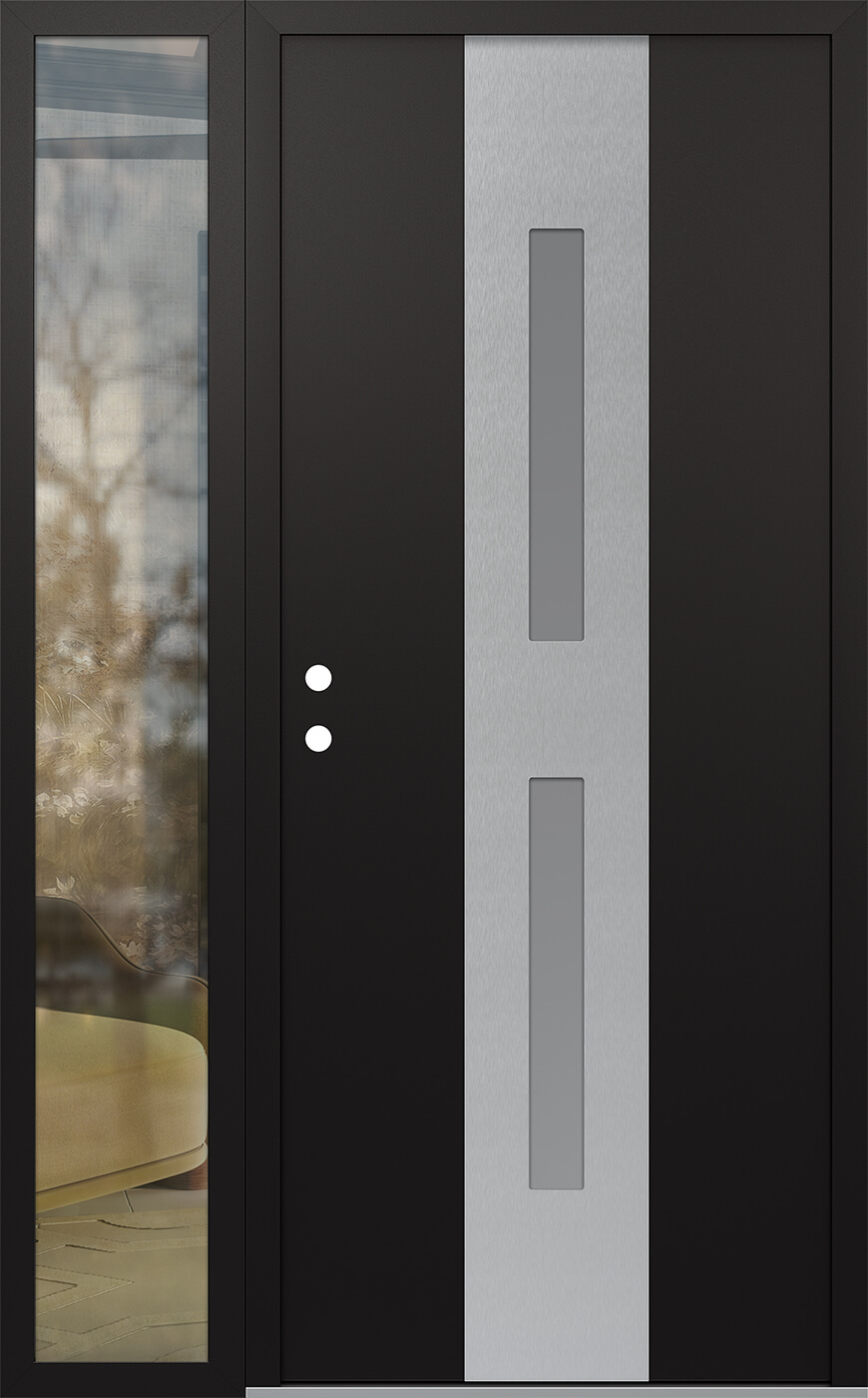 Modern Steel Front Door DIAMOND A6 50" X 80" BLACK/WHITE FROSTED GLASS PANEL STAINLESS STEEL RHI WITH SIDELITE CLEAR GLASS