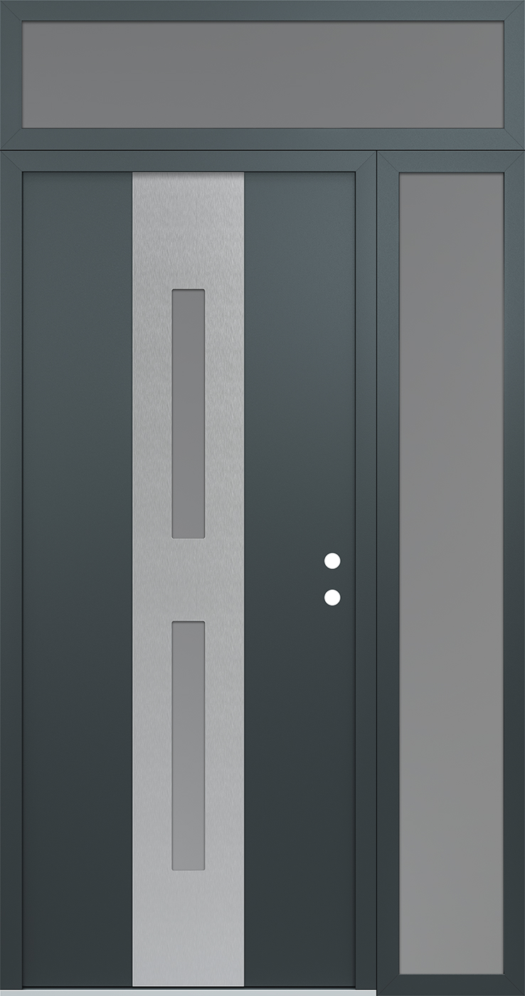 Modern Steel Front Door DIAMOND A6 50" X 96" ANTHRACITE/ANTHRACITE FROSTED GLASS PANEL STAINLESS STEEL LHI WITH SIDELITE AND TRANSOM FROSTED GLASS