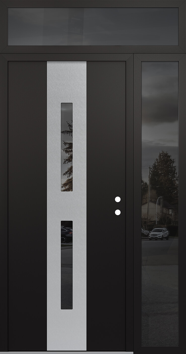 Modern Steel Front Door DIAMOND A6 50" X 96" BLACK/BLACK MIRRORED GLASS PANEL STAINLESS STEEL LHI WITH SIDELITE AND TRANSOM MIRRORED GLASS