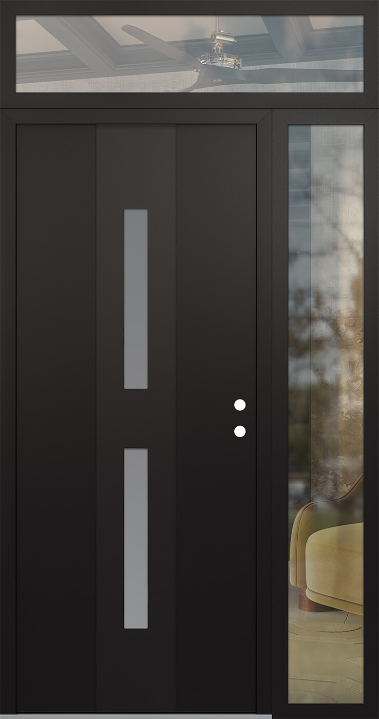 Modern Steel Front Door DIAMOND A6 50" X 96" BLACK/WHITE FROSTED GLASS PANEL BLACK LHI WITH SIDELITE AND TRANSOM CLEAR GLASS