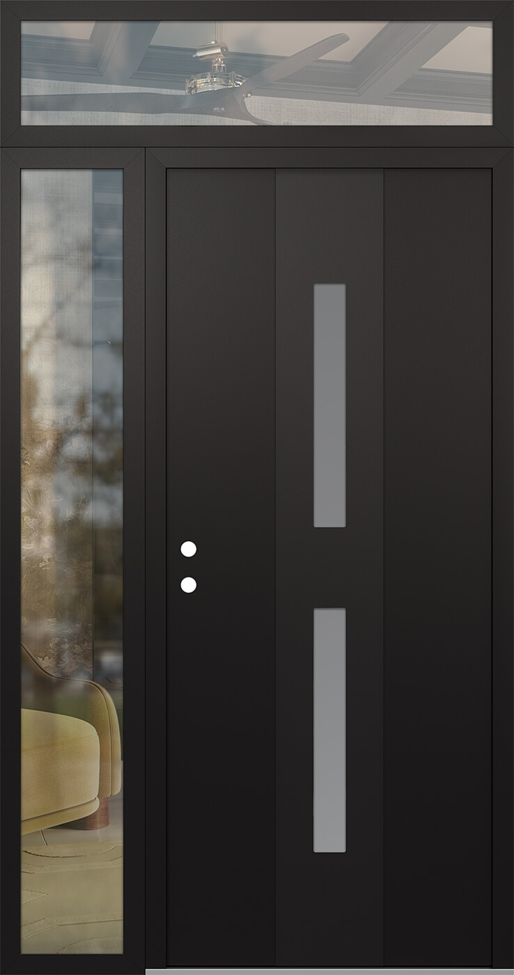 Modern Steel Front Door DIAMOND A6 50" X 96" BLACK/WHITE FROSTED GLASS PANEL BLACK RHI WITH SIDELITE AND TRANSOM CLEAR GLASS