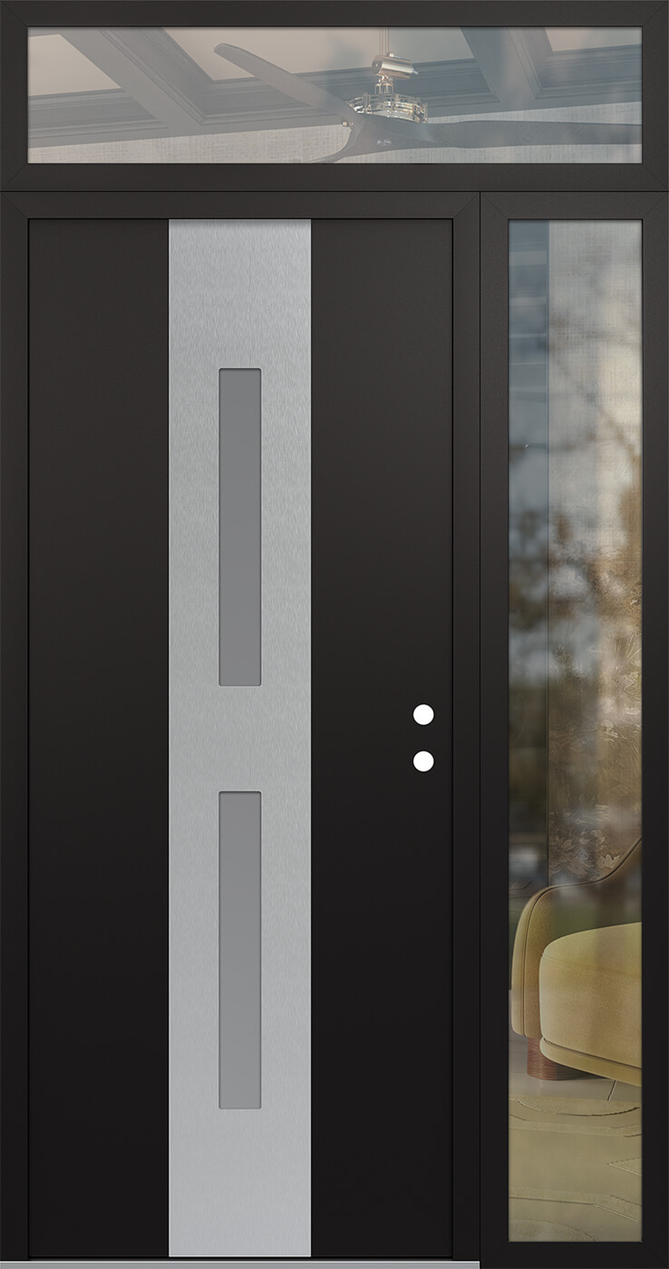 Modern Steel Front Door DIAMOND A6 50" X 96" BLACK/WHITE FROSTED GLASS PANEL STAINLESS STEEL LHI WITH SIDELITE AND TRANSOM CLEAR GLASS
