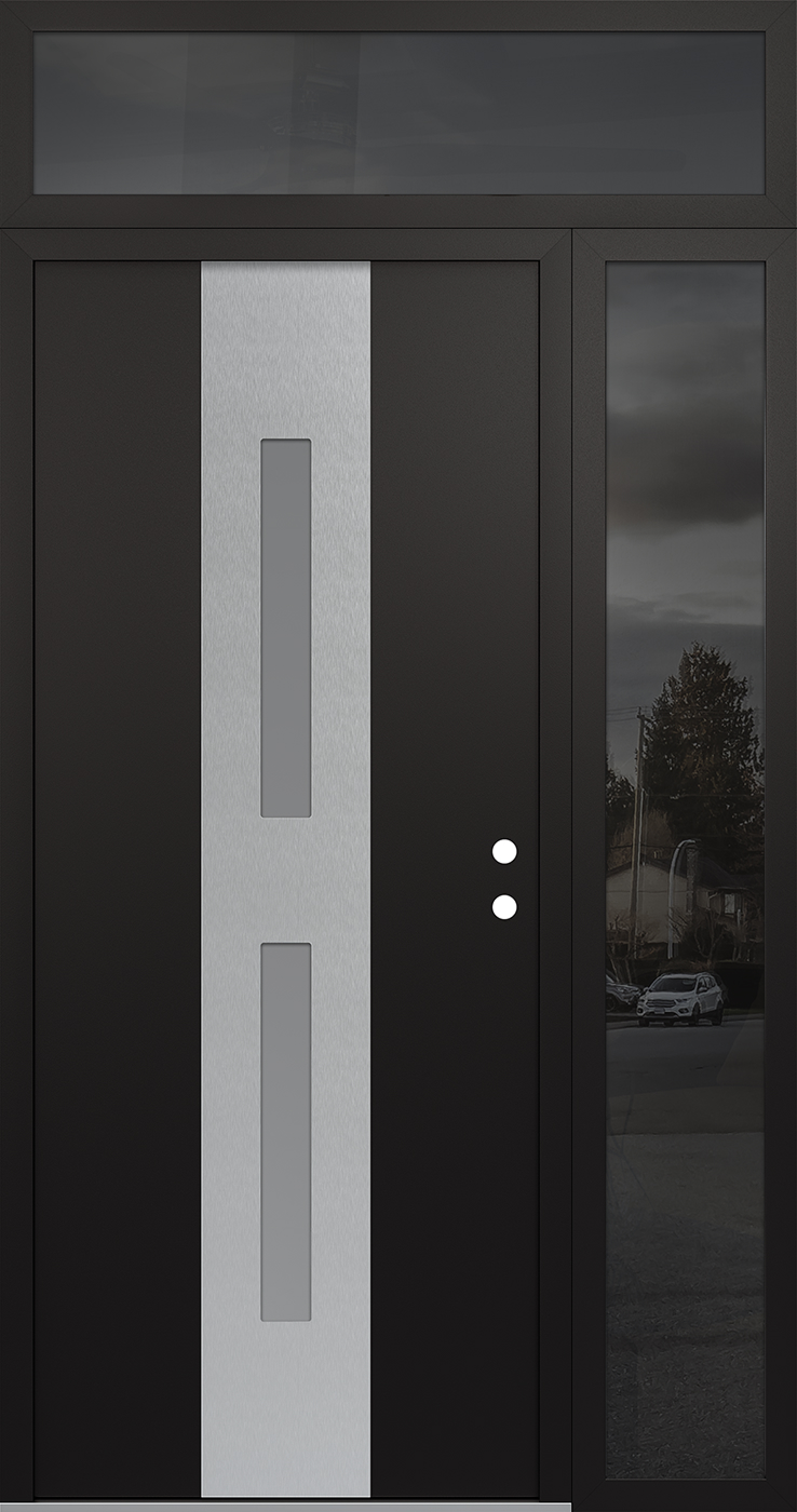 Modern Steel Front Door DIAMOND A6 50" X 96" BLACK/WHITE FROSTED GLASS PANEL STAINLESS STEEL LHI WITH SIDELITE AND TRANSOM MIRRORED GLASS