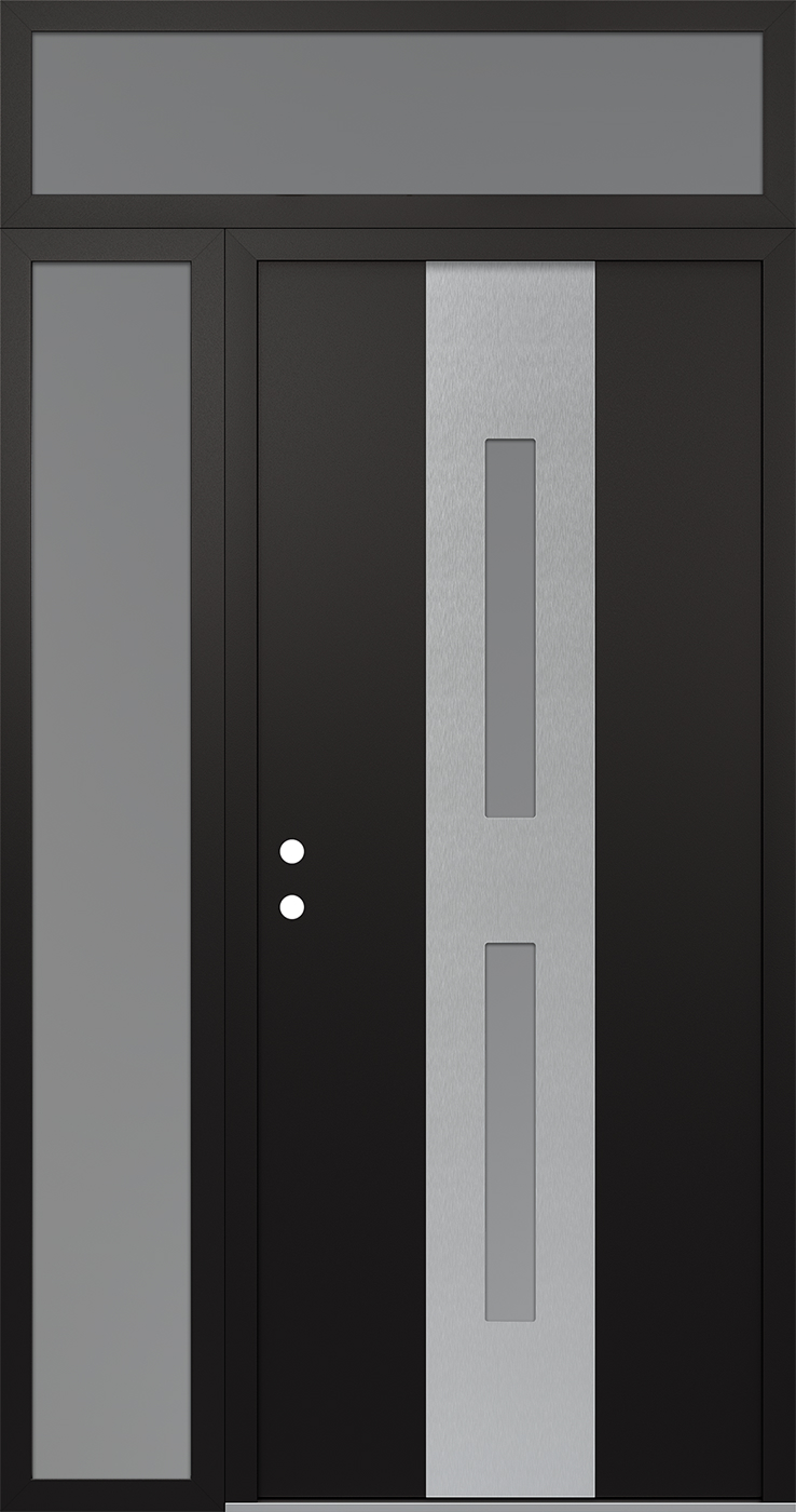 Modern Steel Front Door DIAMOND A6 50" X 96" BLACK/WHITE FROSTED GLASS PANEL STAINLESS STEEL RHI WITH SIDELITE AND TRANSOM FROSTED GLASS