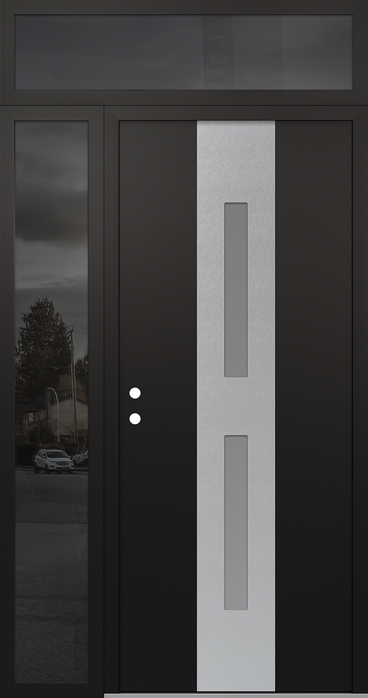 Modern Steel Front Door DIAMOND A6 50" X 96" BLACK/WHITE FROSTED GLASS PANEL STAINLESS STEEL RHI WITH SIDELITE AND TRANSOM MIRRORED GLASS