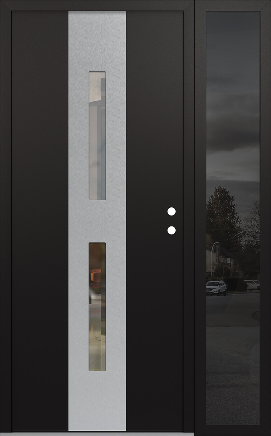Modern Steel Front Door DIAMOND A6 52" X 80" BLACK/BLACK CLEAR GLASS PANEL STAINLESS STEEL LHI WITH SIDELITE MIRRORED GLASS