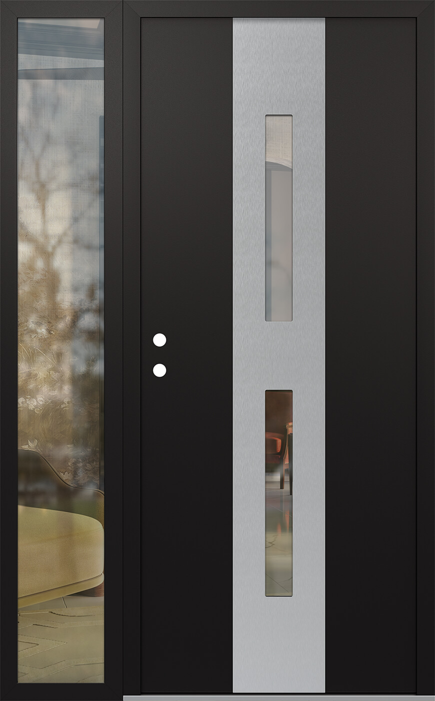 Modern Steel Front Door DIAMOND A6 52" X 80" BLACK/BLACK CLEAR GLASS PANEL STAINLESS STEEL RHI WITH SIDELITE CLEAR GLASS