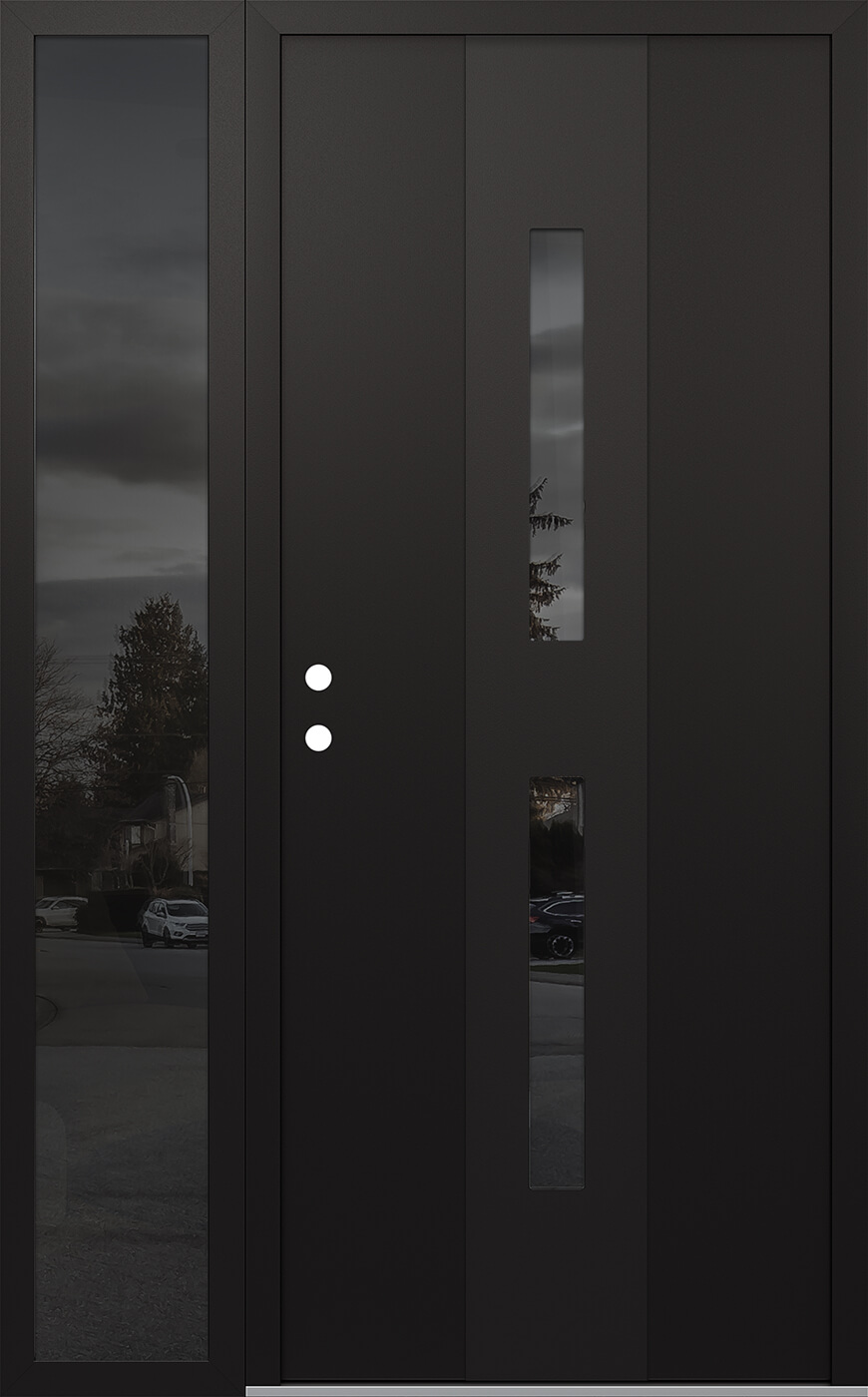 Modern Steel Front Door DIAMOND A6 52" X 80" BLACK/BLACK MIRRORED GLASS PANEL BLACK RHI WITH SIDELITE MIRRORED GLASS