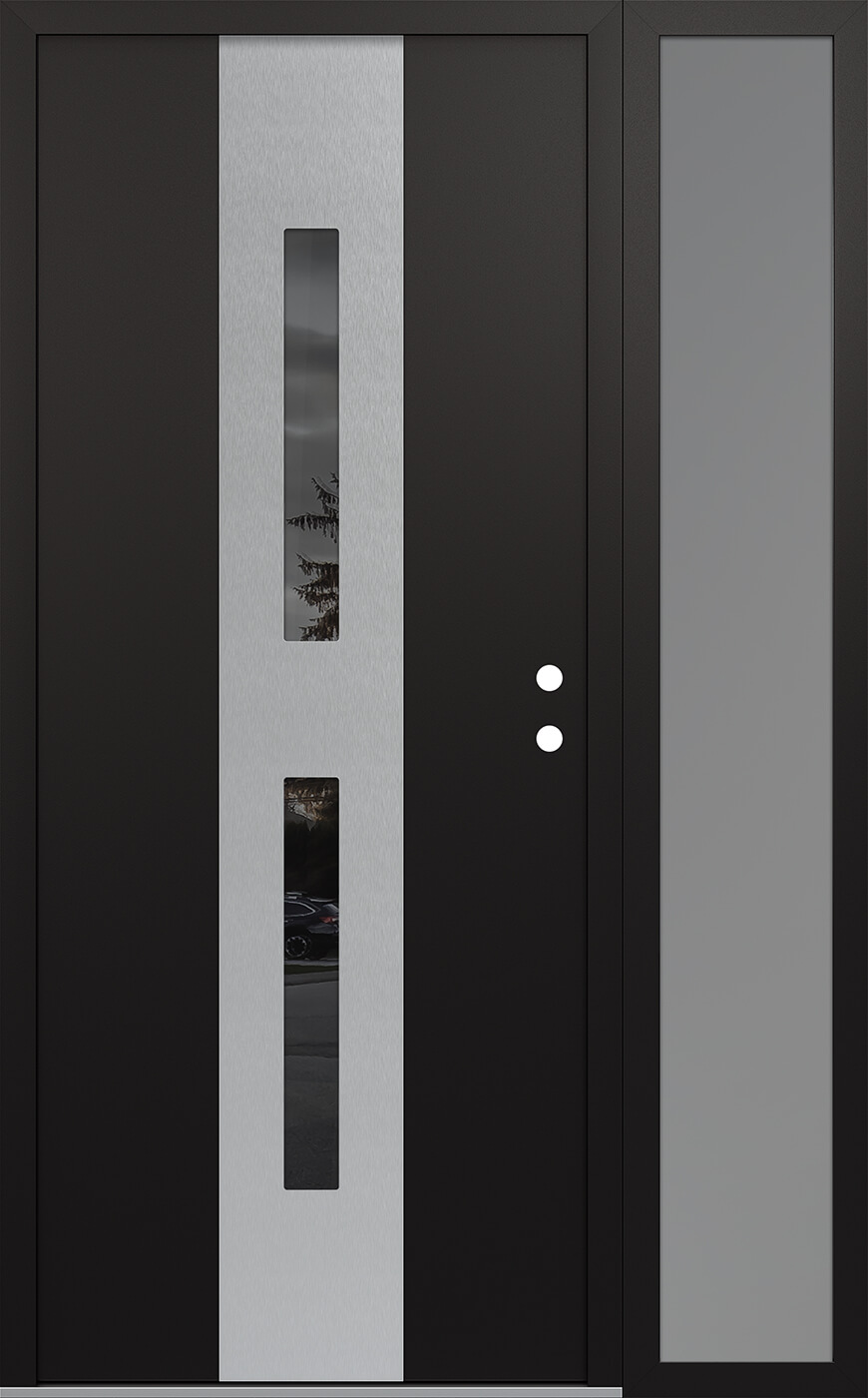 Modern Steel Front Door DIAMOND A6 52" X 80" BLACK/BLACK MIRRORED GLASS PANEL STAINLESS STEEL LHI WITH SIDELITE FROSTED GLASS