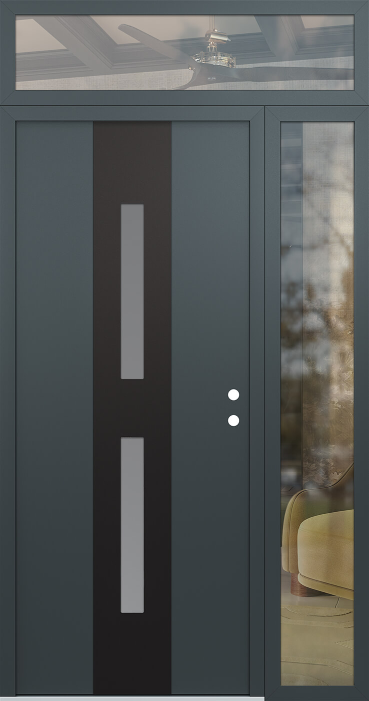 Modern Steel Front Door DIAMOND A6 52" X 96" ANTHRACITE/ANTHRACITE FROSTED GLASS PANEL BLACK LHI WITH SIDELITE AND TRANSOM CLEAR GLASS