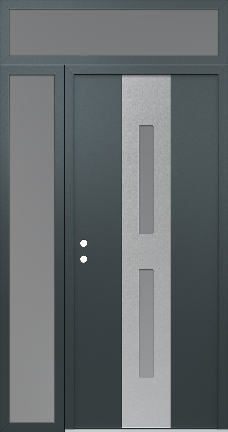 Modern Steel Front Door DIAMOND A6 52" X 96" ANTHRACITE/ANTHRACITE FROSTED GLASS PANEL STAINLESS STEEL RHI WITH SIDELITE AND TRANSOM FROSTED GLASS