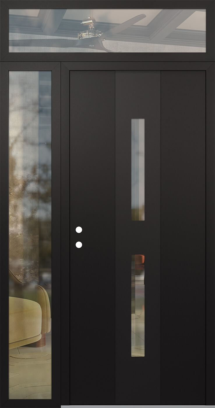 Modern Steel Front Door DIAMOND A6 52" X 96" BLACK/BLACK CLEAR GLASS PANEL BLACK RHI WITH SIDELITE AND TRANSOM CLEAR GLASS