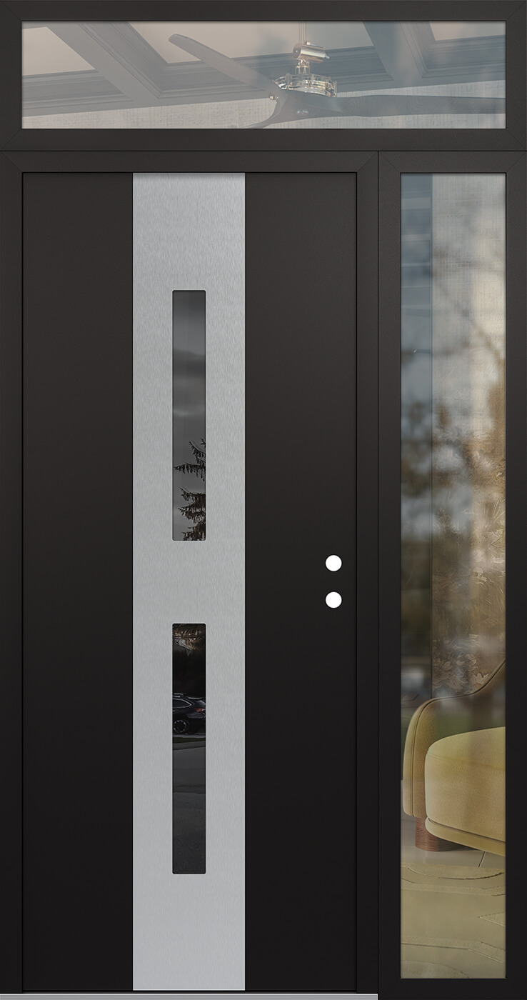 Modern Steel Front Door DIAMOND A6 52" X 96" BLACK/BLACK MIRRORED GLASS PANEL STAINLESS STEEL LHI WITH SIDELITE AND TRANSOM CLEAR GLASS