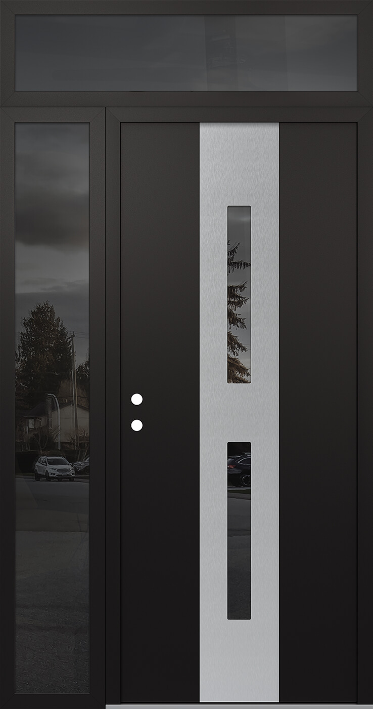 Modern Steel Front Door DIAMOND A6 52" X 96" BLACK/BLACK MIRRORED GLASS PANEL STAINLESS STEEL RHI WITH SIDELITE AND TRANSOM MIRRORED GLASS