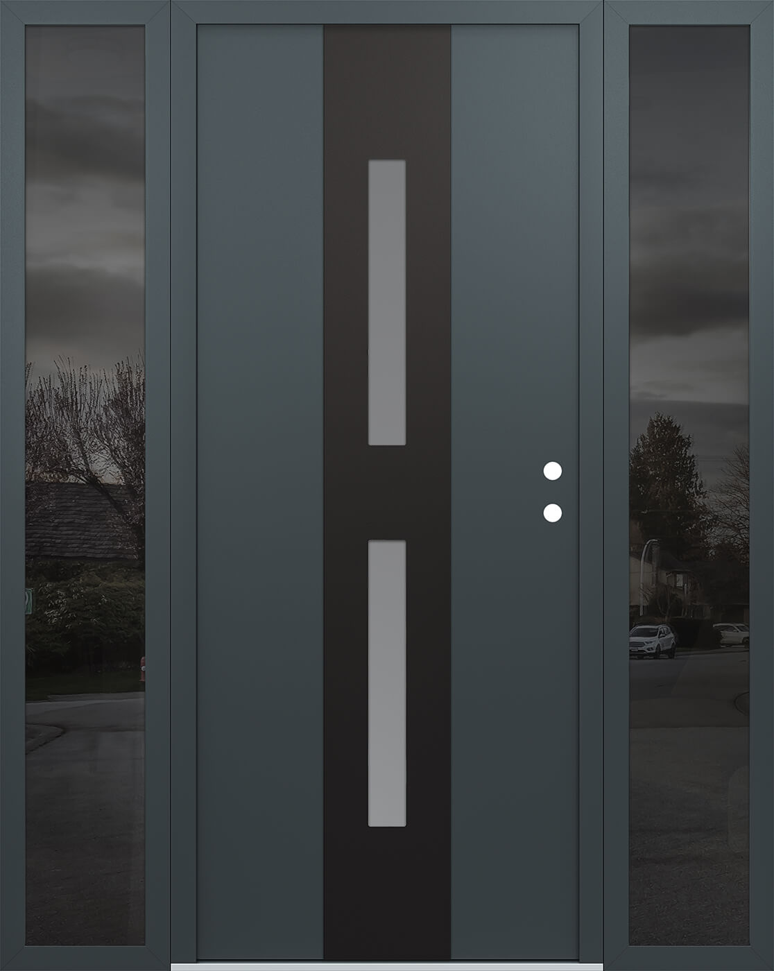 Modern Steel Front Door DIAMOND A6 60" X 80" ANTHRACITE/ANTHRACITE FROSTED GLASS PANEL BLACK LHI WITH 2 SIDELITES MIRRORED GLASS
