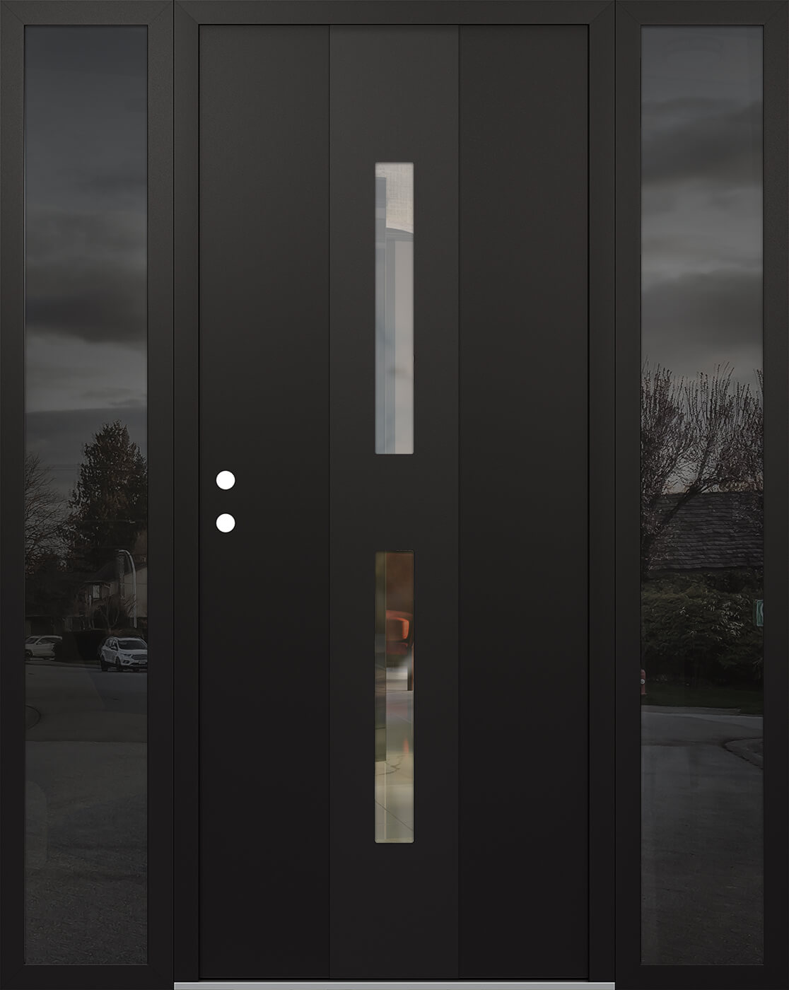 Modern Steel Front Door DIAMOND A6 60" X 80" BLACK/BLACK CLEAR GLASS PANEL BLACK RHI WITH 2 SIDELITES MIRRORED GLASS