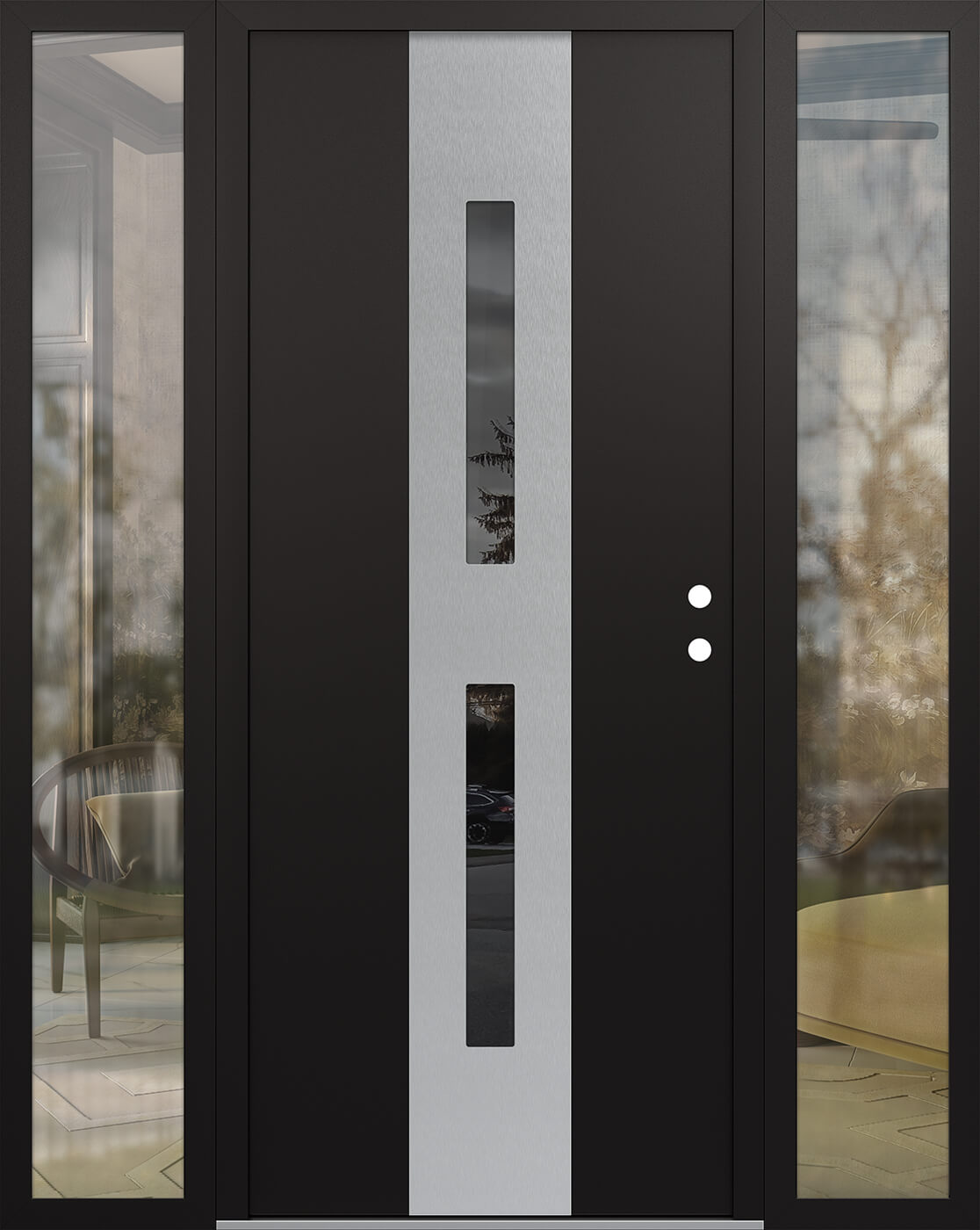 Modern Steel Front Door DIAMOND A6 60" X 80" BLACK/BLACK MIRRORED GLASS PANEL STAINLESS STEEL LHI WITH 2 SIDELITES CLEAR GLASS