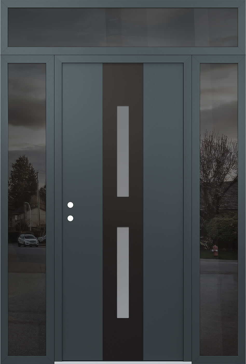 Modern Steel Front Door DIAMOND A6 60" X 96" ANTHRACITE/ANTHRACITE FROSTED GLASS PANEL BLACK RHI WITH 2 SIDELITES AND TRANSOM MIRRORED GLASS