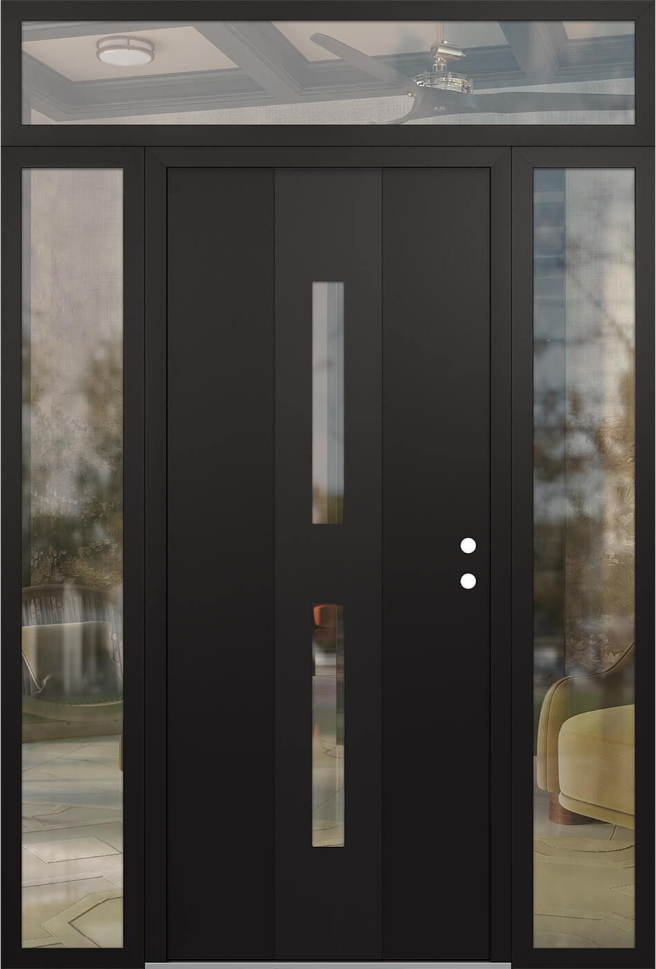 Modern Steel Front Door DIAMOND A6 60" X 96" BLACK/BLACK CLEAR GLASS PANEL BLACK LHI WITH 2 SIDELITES AND TRANSOM CLEAR GLASS