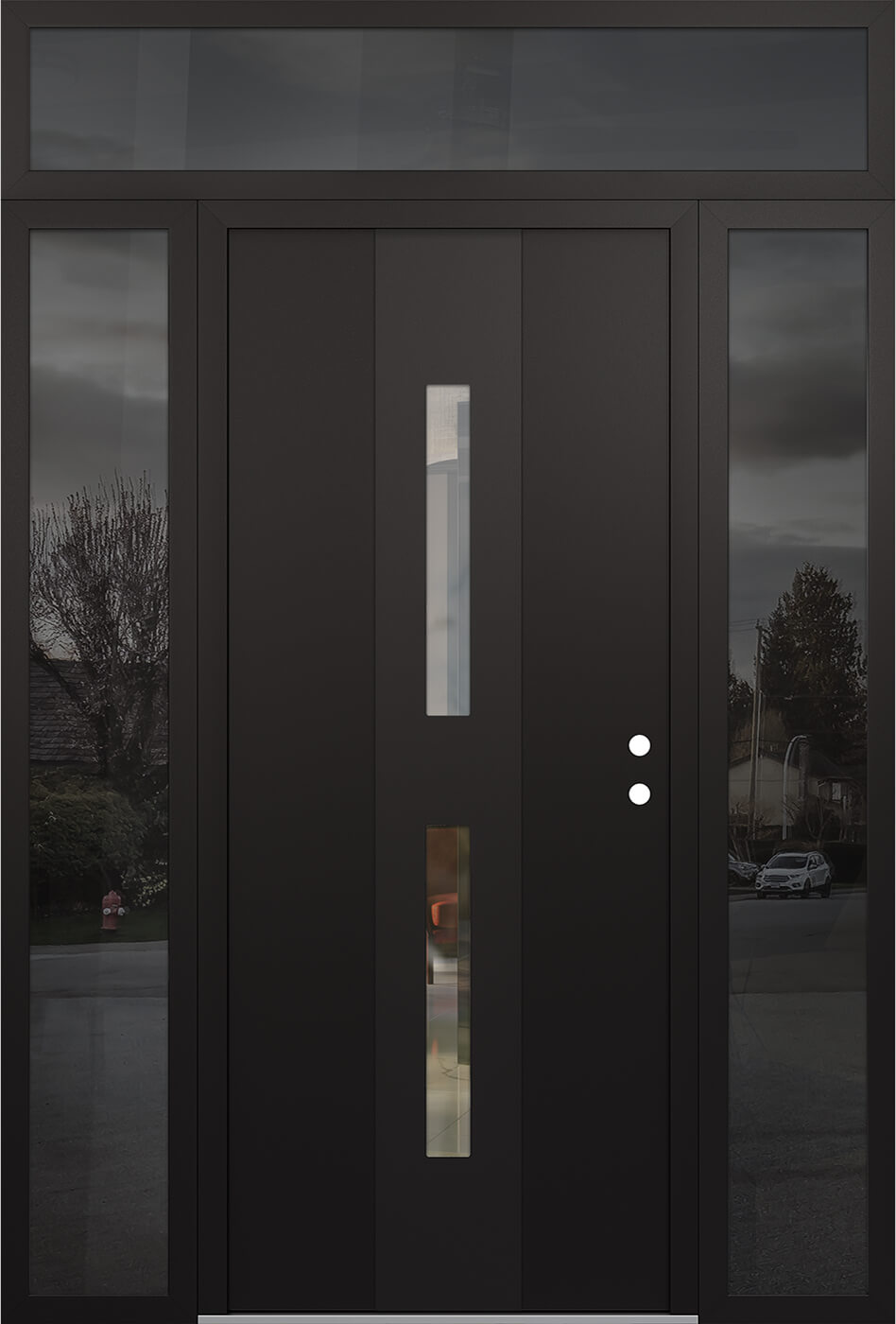 Modern Steel Front Door DIAMOND A6 60" X 96" BLACK/BLACK CLEAR GLASS PANEL BLACK LHI WITH 2 SIDELITES AND TRANSOM MIRRORED GLASS