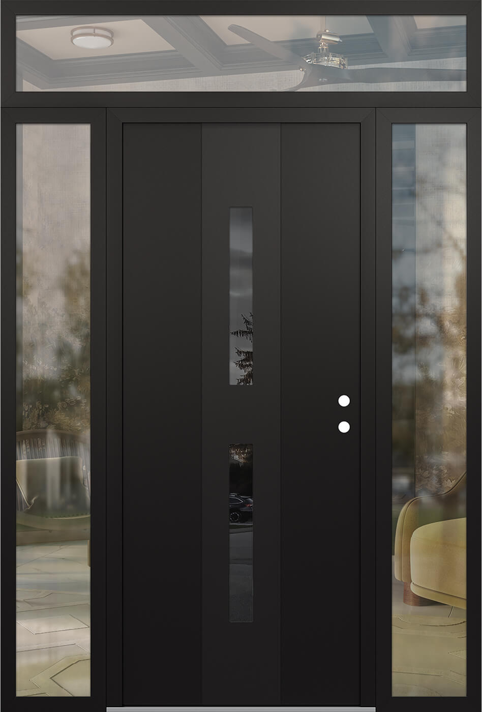 Modern Steel Front Door DIAMOND A6 60" X 96" BLACK/BLACK MIRRORED GLASS PANEL BLACK LHI WITH 2 SIDELITES AND TRANSOM CLEAR GLASS