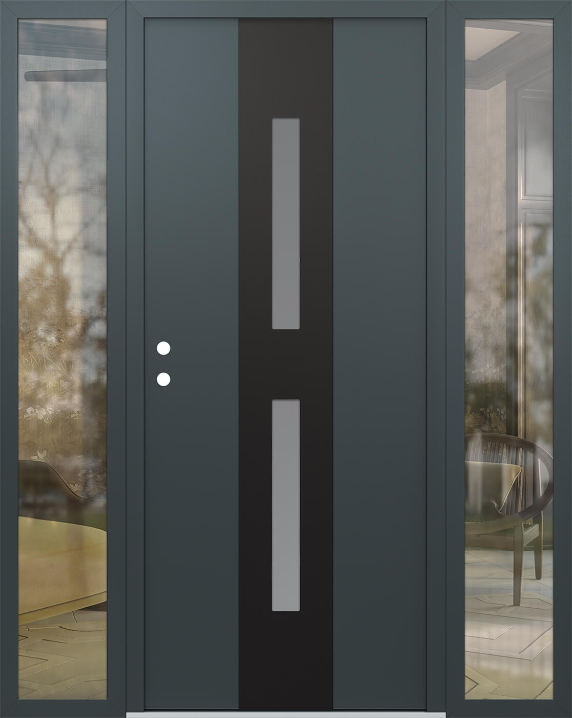 Modern Steel Front Door DIAMOND A6 64" X 80" ANTHRACITE/ANTHRACITE FROSTED GLASS PANEL BLACK RHI WITH 2 SIDELITES CLEAR GLASS