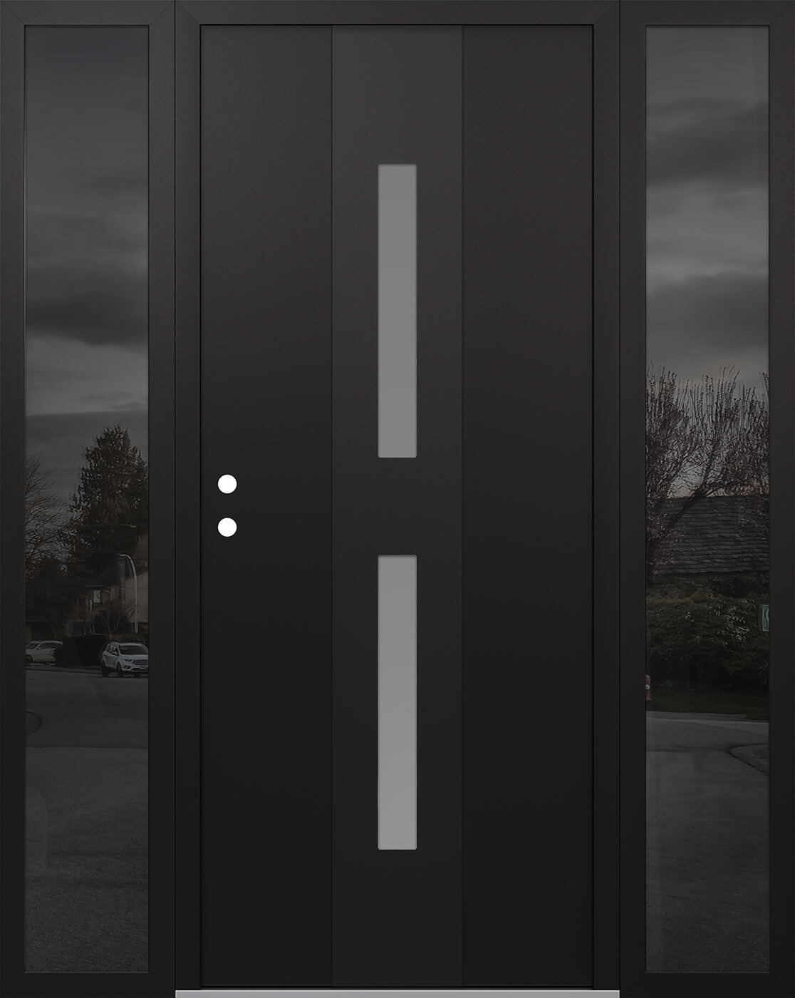 Modern Steel Front Door DIAMOND A6 64" X 80" BLACK/WHITE FROSTED GLASS PANEL BLACK RHI WITH 2 SIDELITES MIRRORED GLASS
