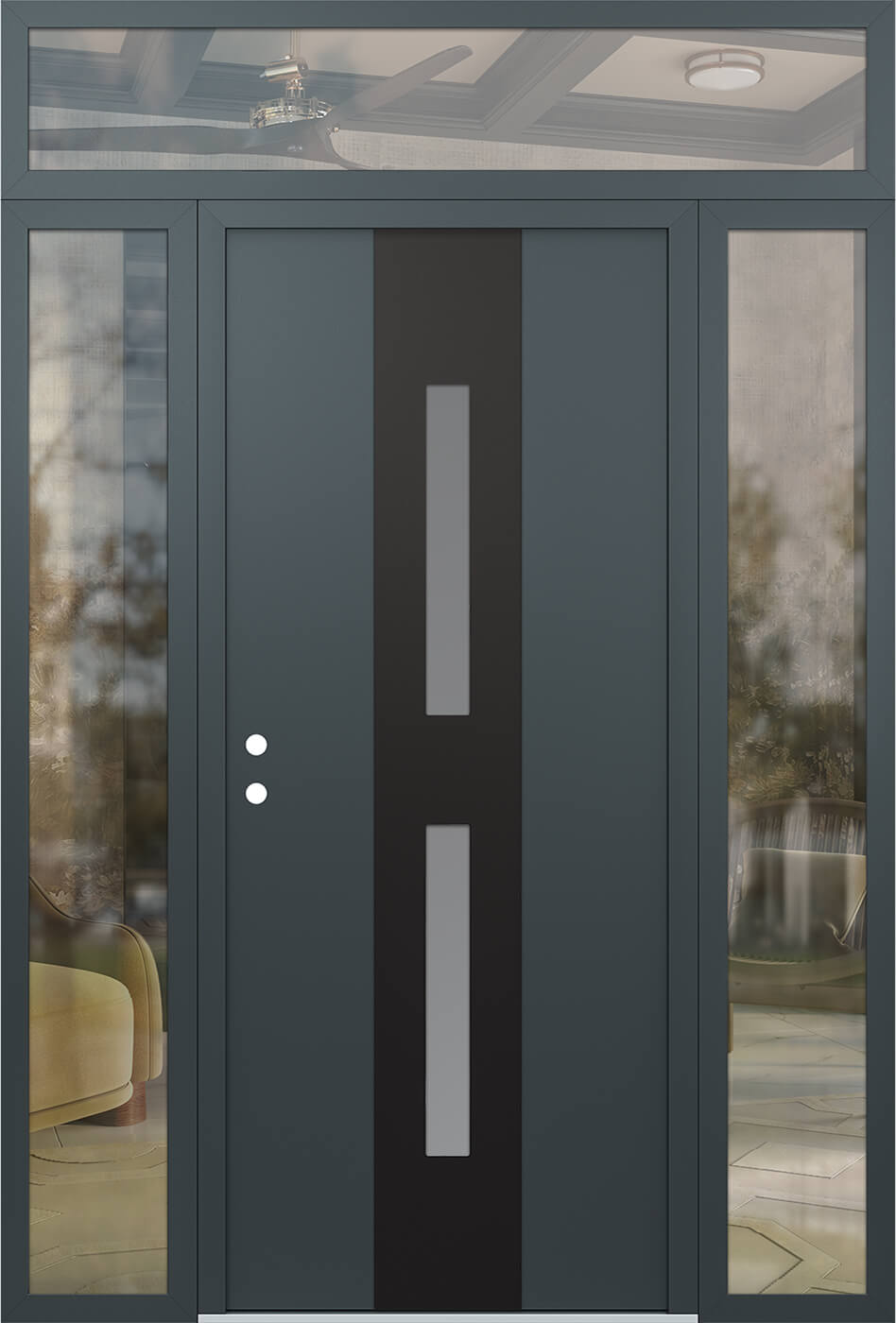 Modern Steel Front Door DIAMOND A6 64" X 96" ANTHRACITE/ANTHRACITE FROSTED GLASS PANEL BLACK RHI WITH 2 SIDELITES AND TRANSOM CLEAR GLASS