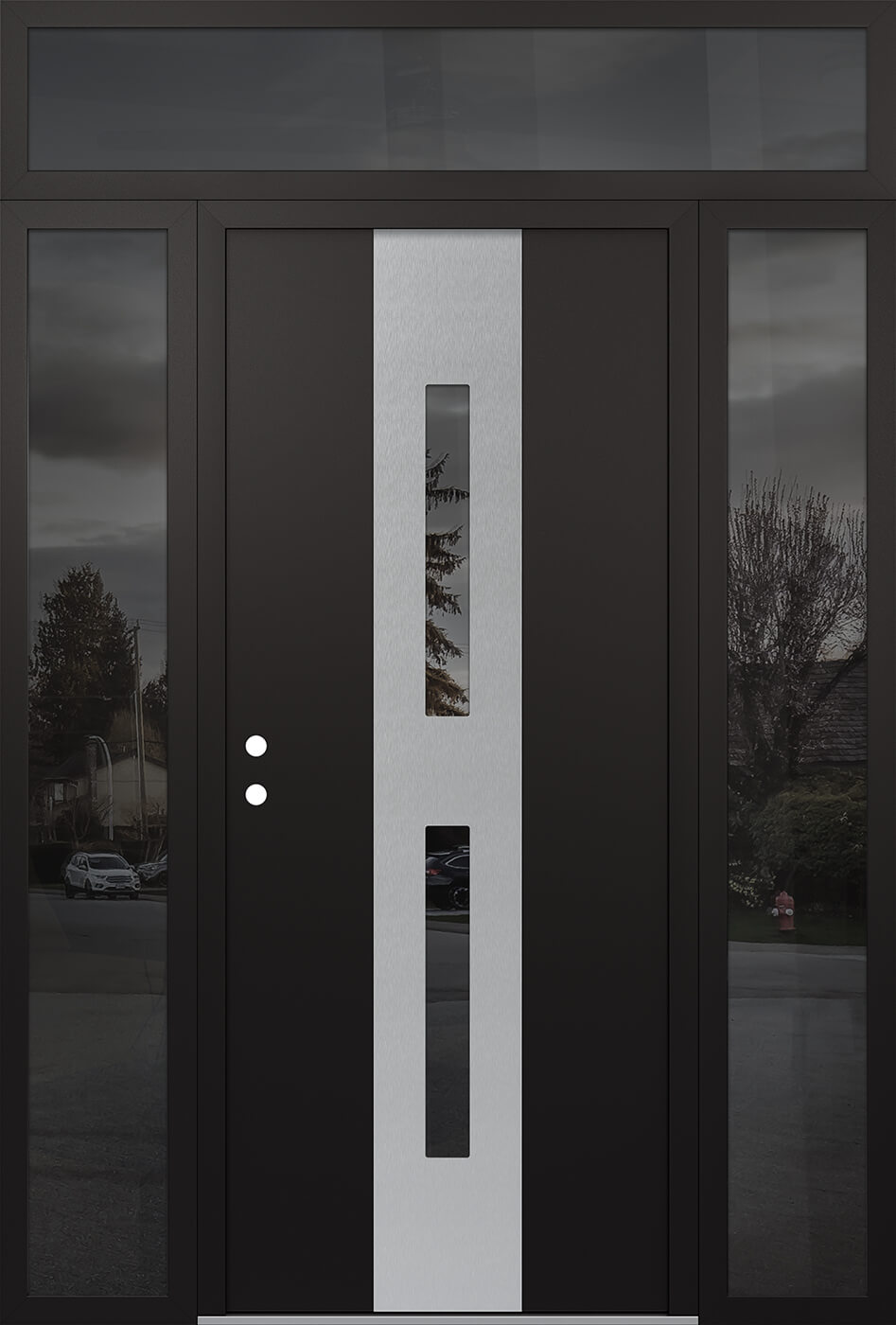 Modern Steel Front Door DIAMOND A6 64" X 96" BLACK/BLACK MIRRORED GLASS PANEL STAINLESS STEEL RHI WITH 2 SIDELITES AND TRANSOM MIRRORED GLASS