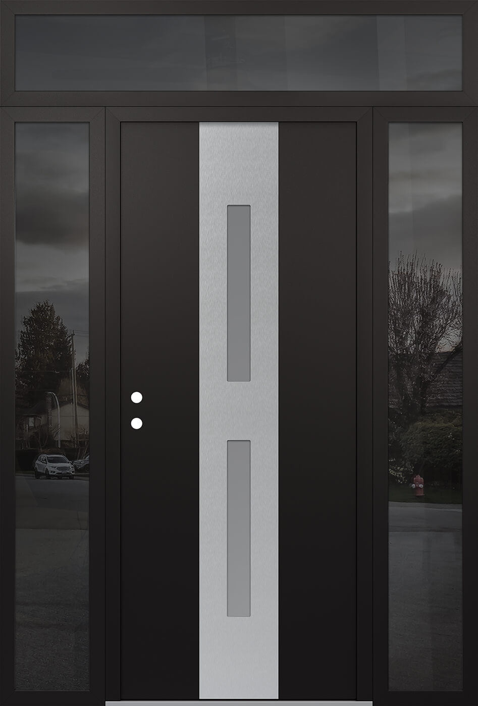 Modern Steel Front Door DIAMOND A6 64" X 96" BLACK/WHITE FROSTED GLASS PANEL STAINLESS STEEL RHI WITH 2 SIDELITES AND TRANSOM MIRRORED GLASS