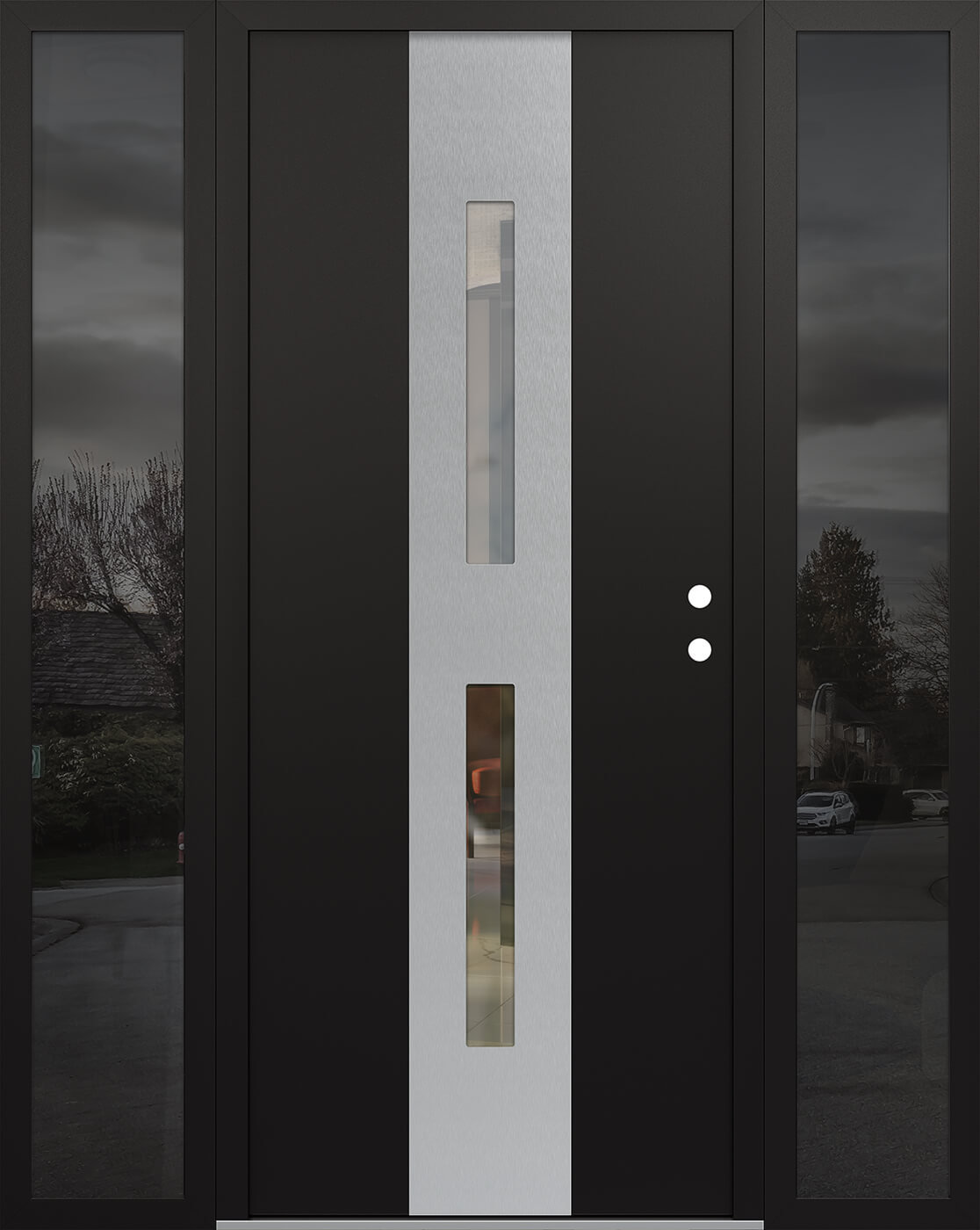 Modern Steel Front Door DIAMOND A6 68" X 80" BLACK/BLACK CLEAR GLASS PANEL STAINLESS STEEL LHI WITH 2 SIDELITES MIRRORED GLASS
