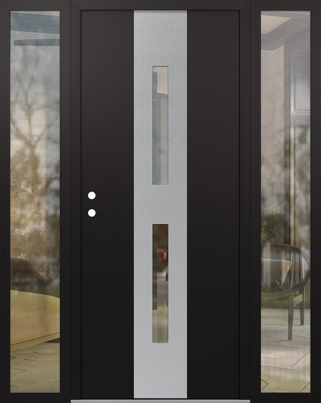 Modern Steel Front Door DIAMOND A6 68" X 80" BLACK/BLACK CLEAR GLASS PANEL STAINLESS STEEL RHI WITH 2 SIDELITES CLEAR GLASS