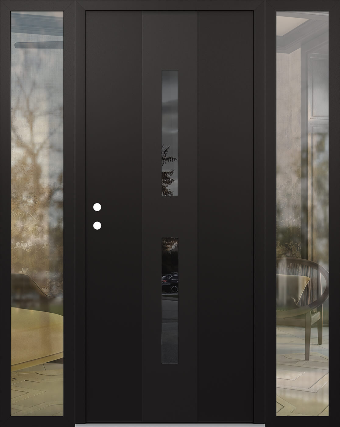 Modern Steel Front Door DIAMOND A6 68" X 80" BLACK/BLACK MIRRORED GLASS PANEL BLACK RHI WITH 2 SIDELITES CLEAR GLASS