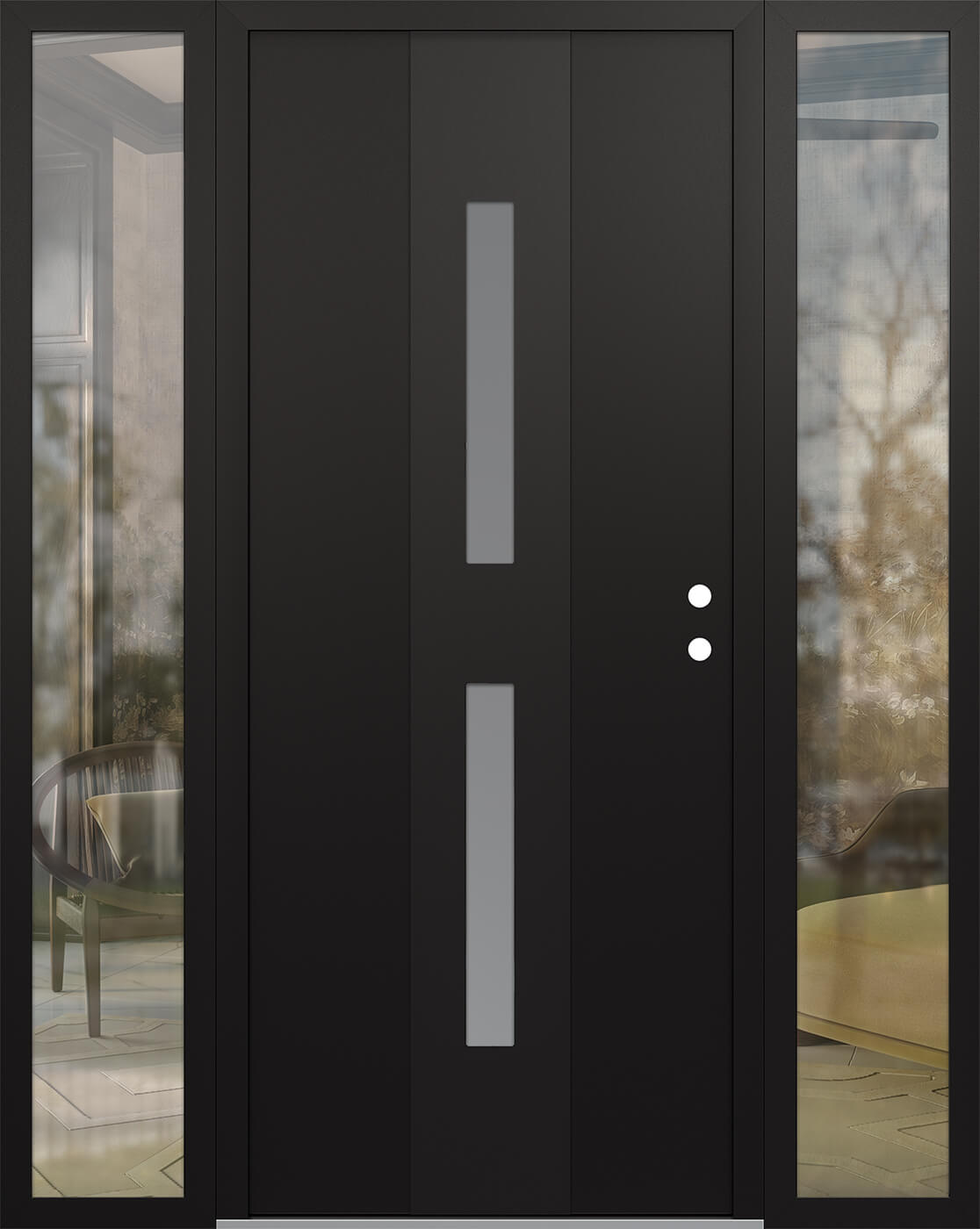 Modern Steel Front Door DIAMOND A6 68" X 80" BLACK/WHITE FROSTED GLASS PANEL BLACK LHI WITH 2 SIDELITES CLEAR GLASS
