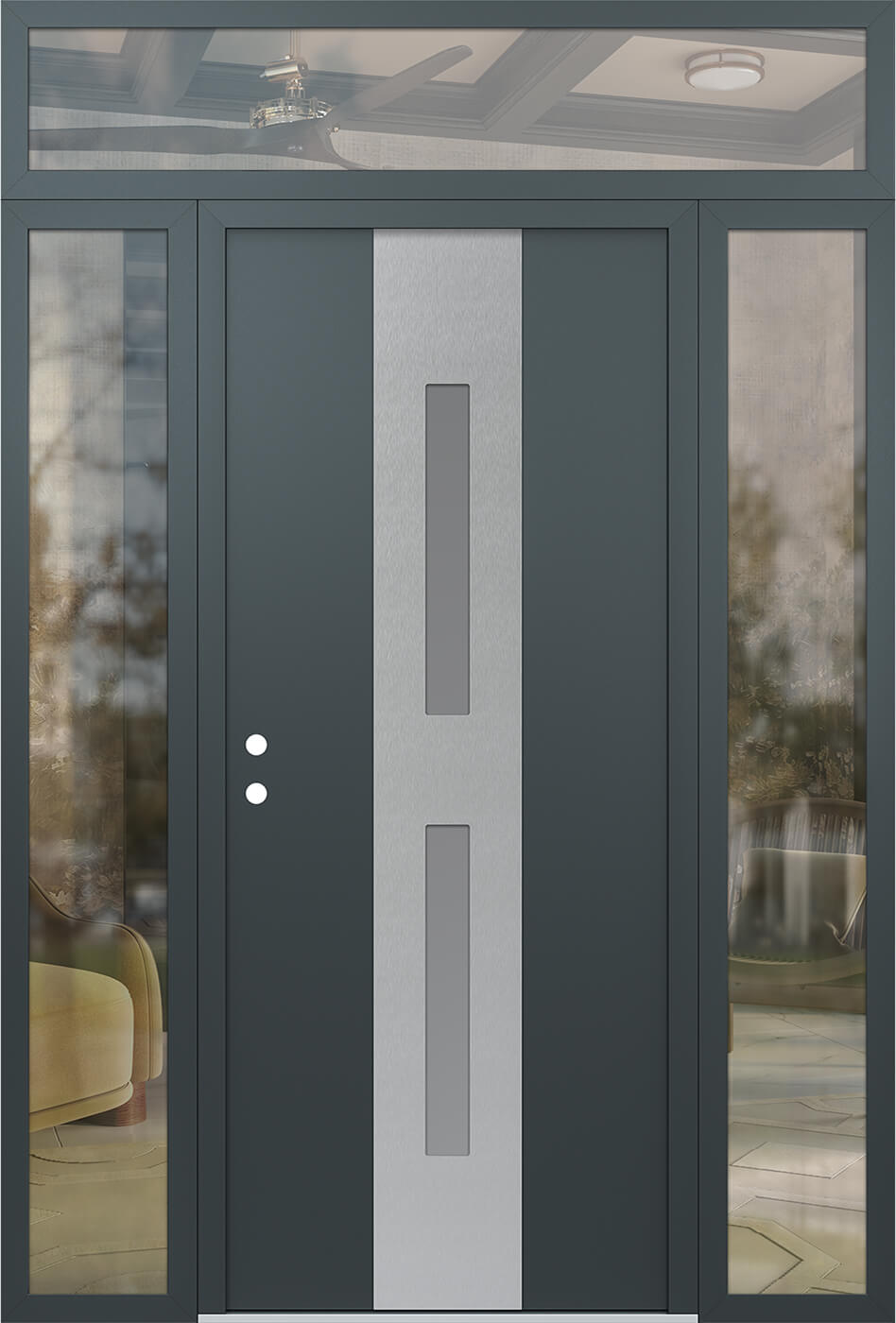 Modern Steel Front Door DIAMOND A6 68" X 96" ANTHRACITE/ANTHRACITE FROSTED GLASS PANEL STAINLESS STEEL RHI WITH 2 SIDELITES AND TRANSOM CLEAR GLASS