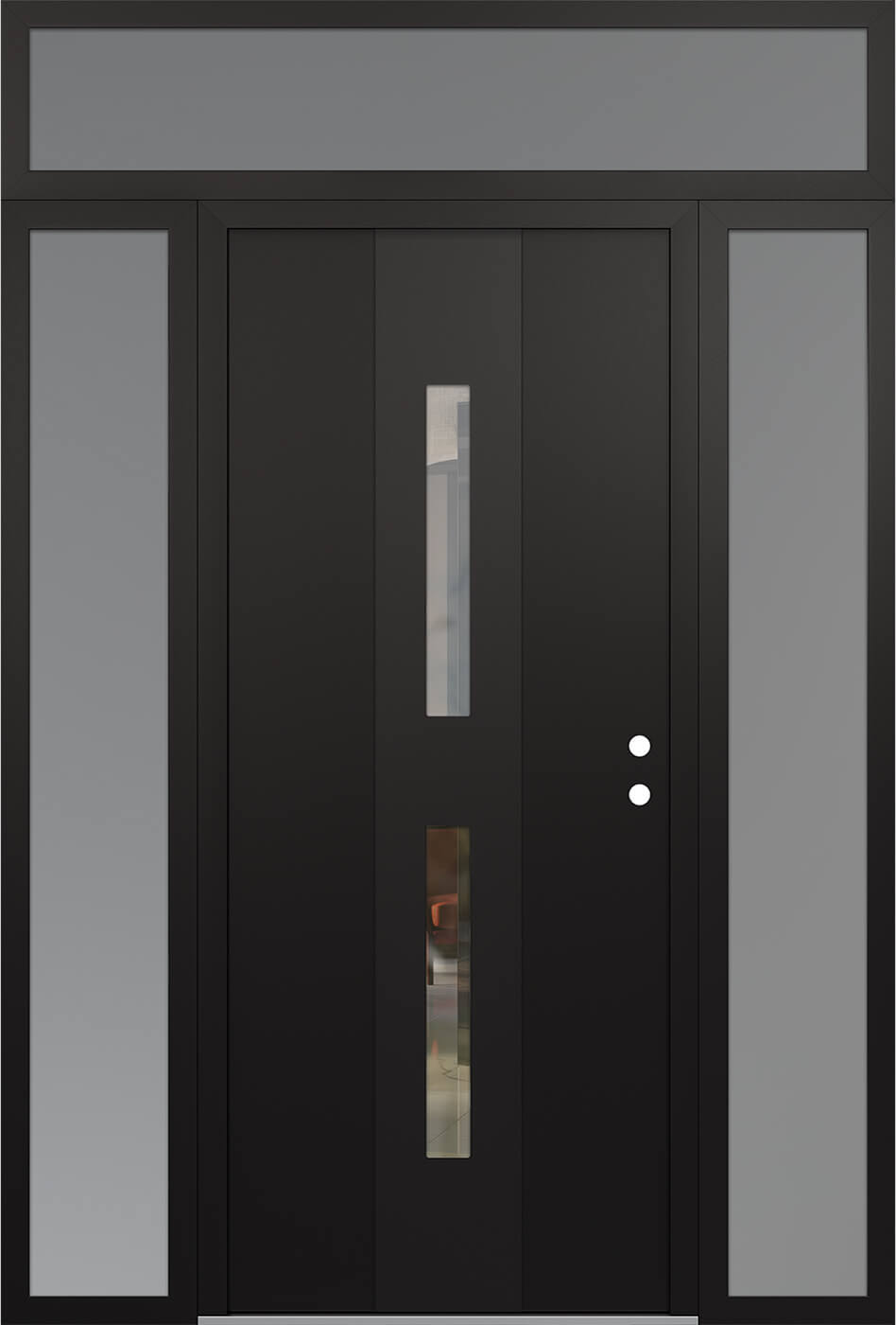 Modern Steel Front Door DIAMOND A6 68" X 96" BLACK/BLACK CLEAR GLASS PANEL BLACK LHI WITH 2 SIDELITES AND TRANSOM FROSTED GLASS
