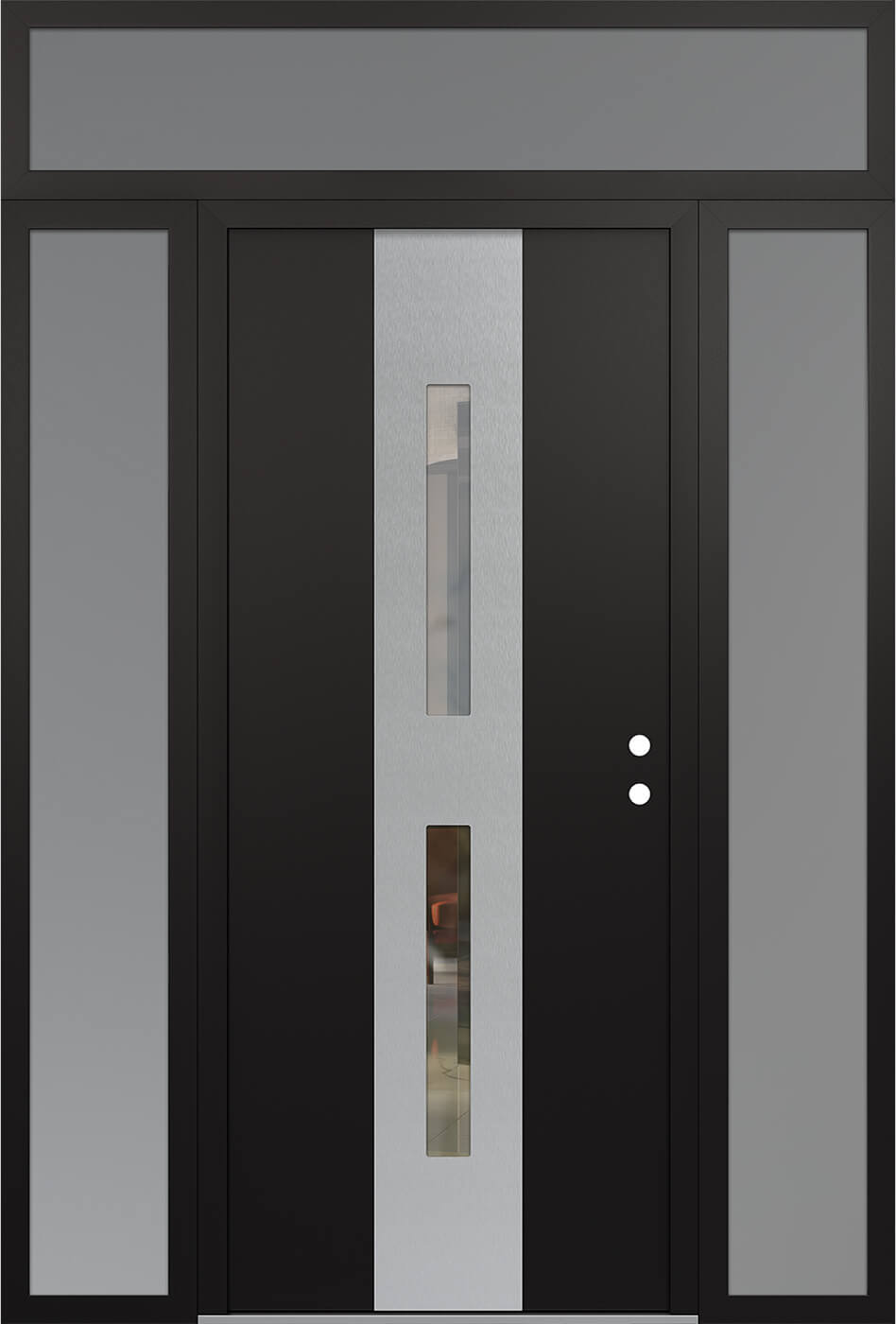 Modern Steel Front Door DIAMOND A6 68" X 96" BLACK/BLACK CLEAR GLASS PANEL STAINLESS STEEL LHI WITH 2 SIDELITES AND TRANSOM FROSTED GLASS