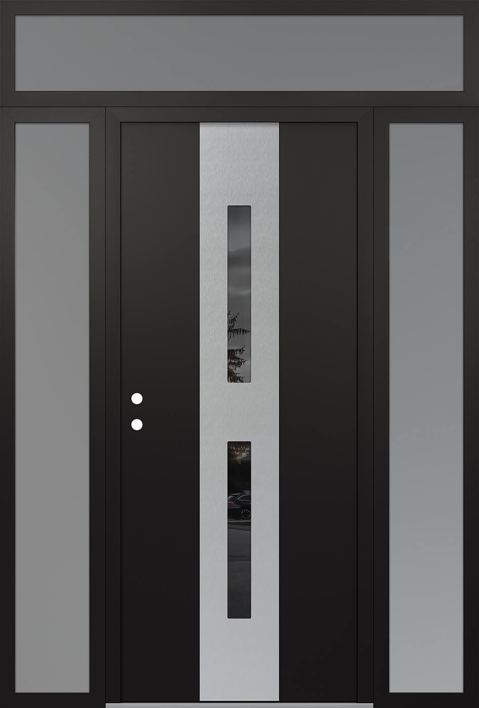 Modern Steel Front Door DIAMOND A6 68" X 96" BLACK/BLACK MIRRORED GLASS PANEL STAINLESS STEEL RHI WITH 2 SIDELITES AND TRANSOM FROSTED GLASS