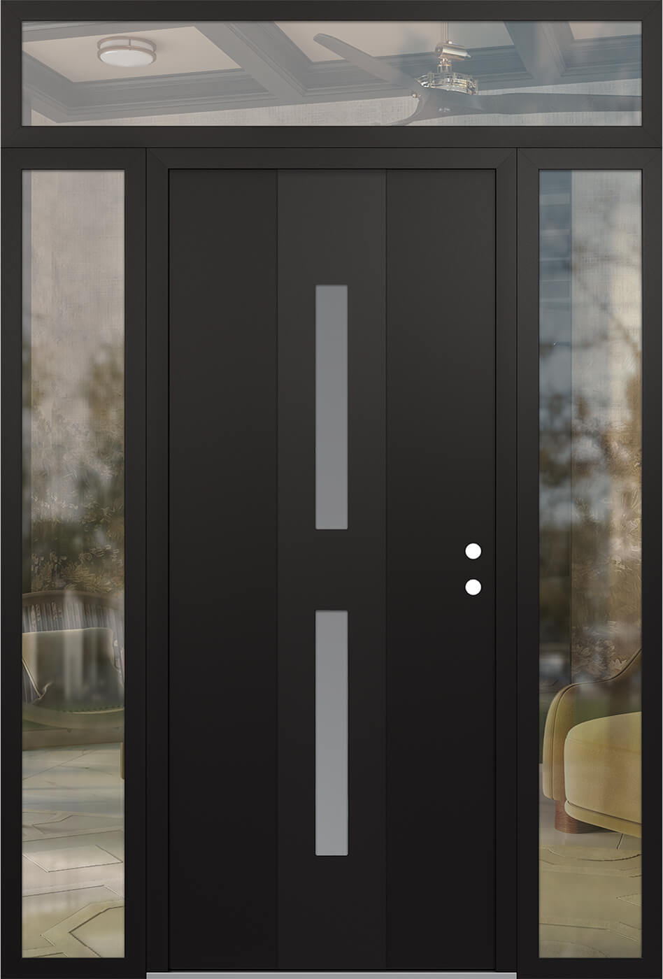 Modern Steel Front Door DIAMOND A6 68" X 96" BLACK/WHITE FROSTED GLASS PANEL BLACK LHI WITH 2 SIDELITES AND TRANSOM CLEAR GLASS