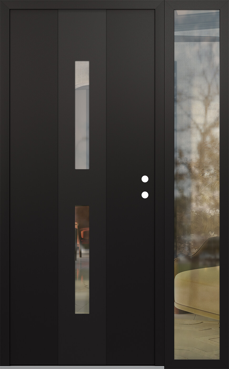 Modern Steel Front Door DIAMOND A6 50" X 80" BLACK/BLACK CLEAR GLASS PANEL BLACK LHI WITH SIDELITE CLEAR GLASS