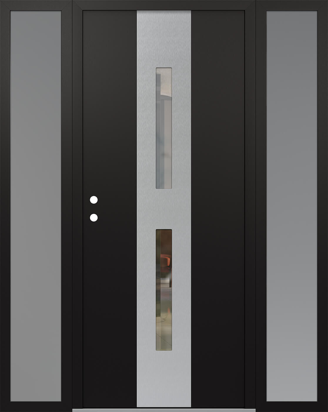 Modern Steel Front Door DIAMOND A6 60" X 80" BLACK/BLACK CLEAR GLASS PANEL STAINLESS STEEL RHI WITH 2 SIDELITES MIRRORED GLASS