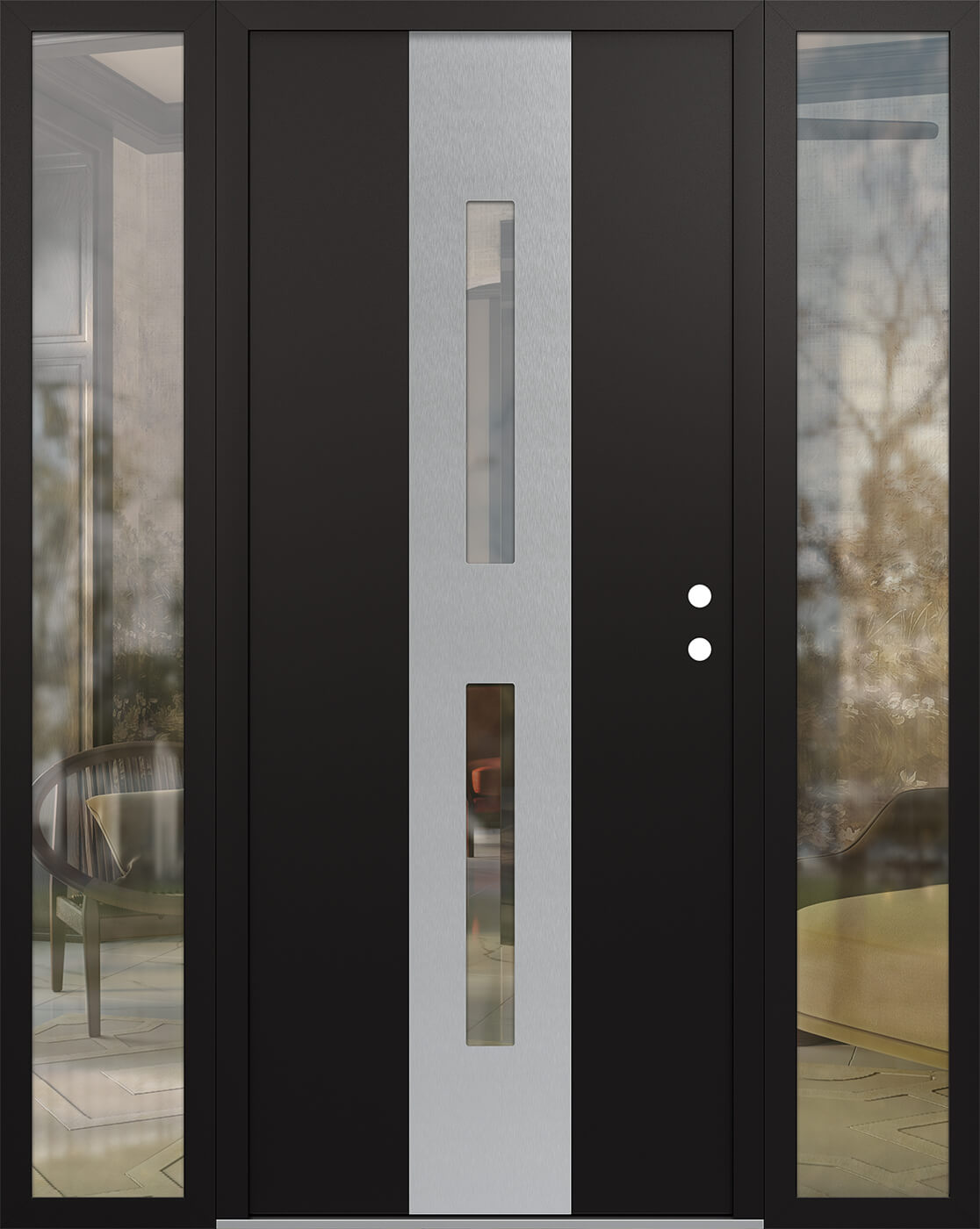 Modern Steel Front Door DIAMOND A6 64" X 80" BLACK/BLACK CLEAR GLASS PANEL STAINLESS STEEL LHI WITH 2 SIDELITES MIRRORED GLASS