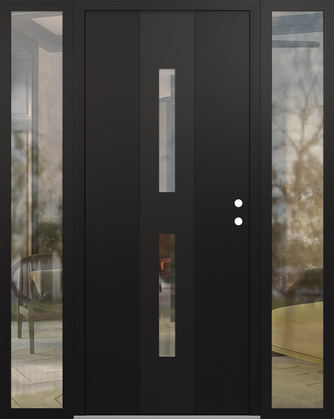 Modern Steel Front Door DIAMOND A6 68" X 80" BLACK/BLACK CLEAR GLASS PANEL BLACK LHI WITH 2 SIDELITES MIRRORED GLASS