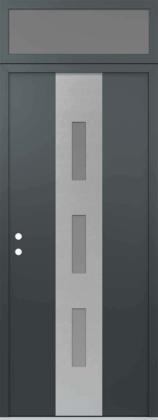 Modern Steel Front Door DIAMOND A7 36" X 96" ANTHRACITE/ANTHRACITE FROSTED GLASS PANEL STAINLESS STEEL RHI WITH TRANSOM FROSTED GLASS