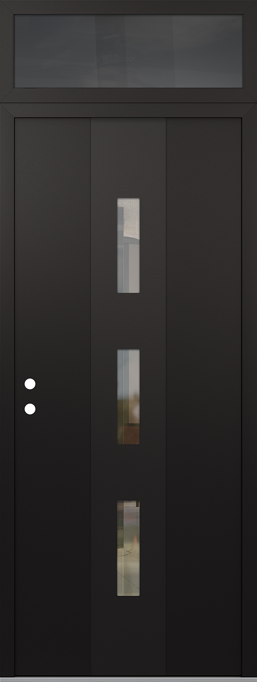 Modern Steel Front Door DIAMOND A7 36" X 96" BLACK/BLACK CLEAR GLASS PANEL BLACK RHI WITH TRANSOM MIRRORED GLASS