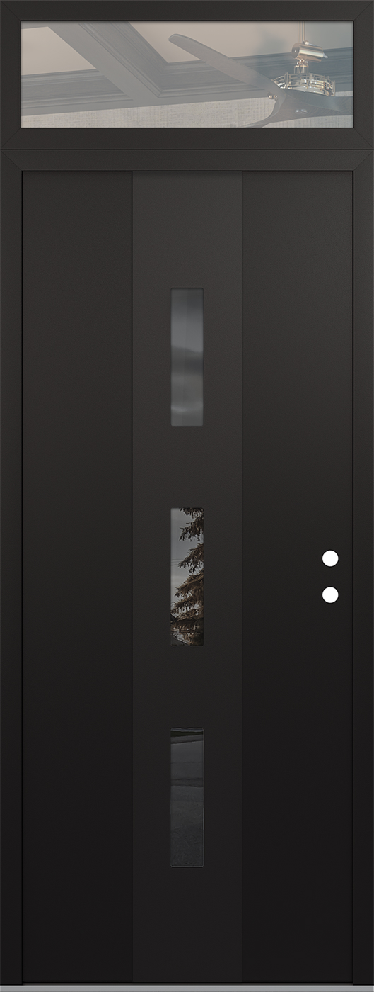 Modern Steel Front Door DIAMOND A7 36" X 96" BLACK/BLACK MIRRORED GLASS PANEL BLACK LHI WITH TRANSOM CLEAR GLASS